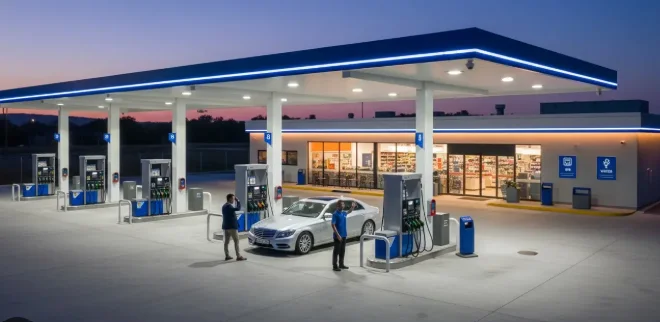 Drop a forecourt canopy photo here — wide shot, pumps under the canopy, ideally at dusk with lights on